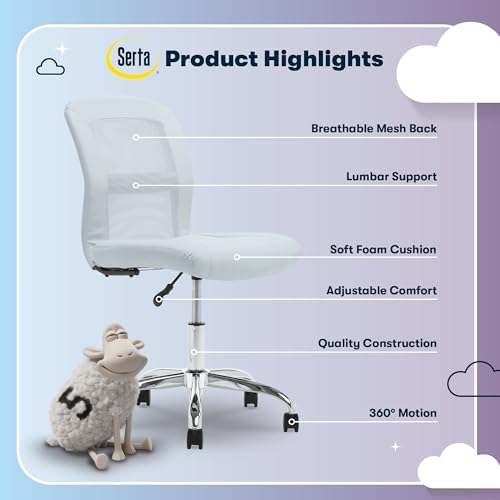 Image of Serta Armless Small Home Desk Chair with Wheel, Ergonomic Mesh Office Chair | Essentials, Leather & Foam Cushioned Seat, Adjustable Height, Vanity Chair for Bedroom & Small Space, 360 Swivel, Sky Blue