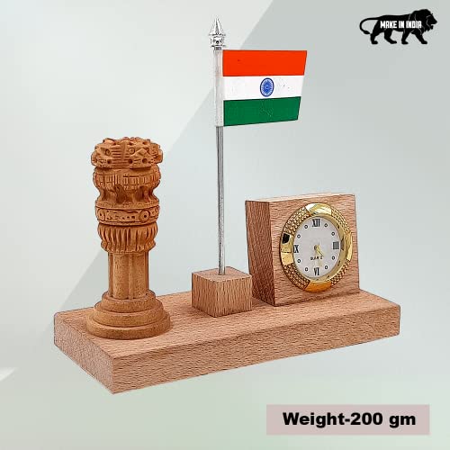 Image of Wood House Woodhouse Flag Stand For Office Table, Wooden Flag Stand With Ashoka Pillar & Clock, Wooden Flag Stand With Clock For Office Table Stylish, Office Flag Stand (Wh-54)