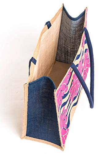 Image of H&B Jute Shopping Tote - Eco-Friendly Carry Bag for Grocery, Travel, Shoulder Handbag - Lotus Flower (Pack of 2 - White & Beige)