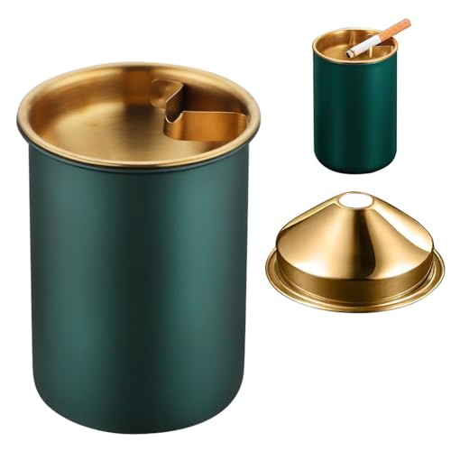 Image of HASTHIP Stainless Steel Green Ashtray, Funnel Lid for Table & Cup Holder | Helps Reduce Ash Scattering, Funnel Opening Supports Cleaner Disposal, Durable Steel Build, Tabletop or Vehicle Placement