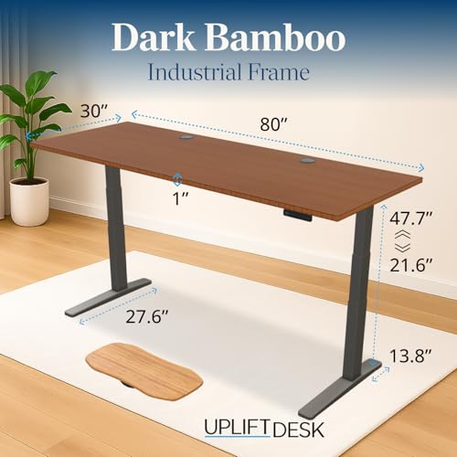 Image of UPLIFT DESK Dark Bamboo (80 x 30 inch) Standing Desk 2-Leg V3 Adjustable Stand Up C-Frame (Indus.), Advanced Keypad, Wire Grommets, Wire Tray, Rocker Board