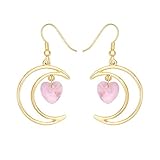 SENFAI Irish Crescent Half Moon Heart Crystal Hook Dangle Earrings Necklace Set 3 Tone (Pink Earing, gold-plated-base)