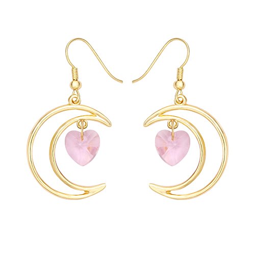 SENFAI Irish Crescent Half Moon Heart Crystal Hook Dangle Earrings Necklace Set 3 Tone (Pink Earing, gold-plated-base)
