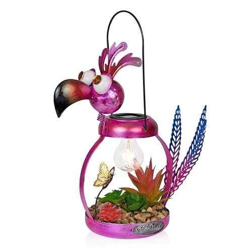 Alpine Corporation LYT288SLR-HH Solar-Powered Metal Flamingo w/Garden Enclosed LED Light, Solar Patio Décor, 16''H, Pink