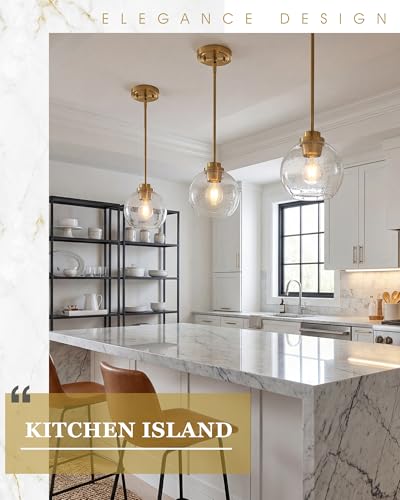 Image of Pendant Lights Kitchen Island, 7 inch Modern Brushed Gold Hanging Lights Fixtures with Clear Seeded Glass Globe Shade, Kitchen Island Lighting for Bathroom, AD-22280-1P-GD-S