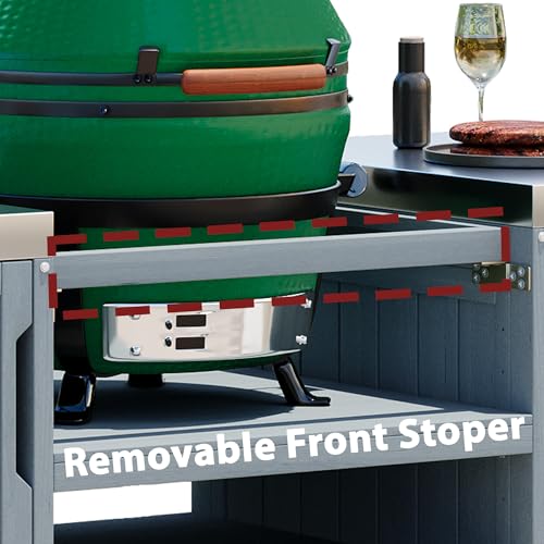 Outdoor Kitchen Island for Big Green Egg Grills, Solid Wood Outdoor Grill Cart for Tabletop Grill with Stainless Steel Top, Drawer, Compatible with Large Big Green Egg, Kamado Joe (Grey+Blue@029)