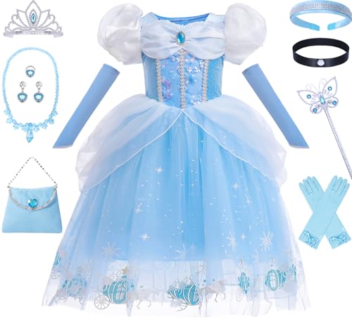 vamei Cenicienta Disfraz Princesa Niña con Corona Varita Mágica Anillo Pendientes Collar Bolso Vestido Cenicienta para Cumpleaños Halloween Navidad Carnaval Traje, 3-10 Años (100)