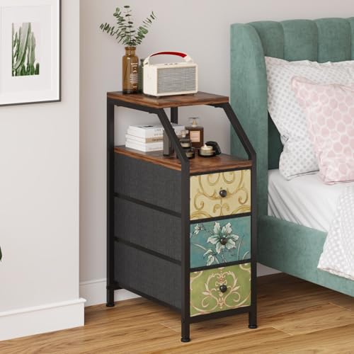 Image of Amazon Brand - Umi Bedside Table with 3 Fabric Chest of Drawers Organizer & Storage Shelf, Sofa Side Table, End Table, Corner Table, Night Lamp Table, Nightstand for Bedroom Living Room (25x47x72cm)
