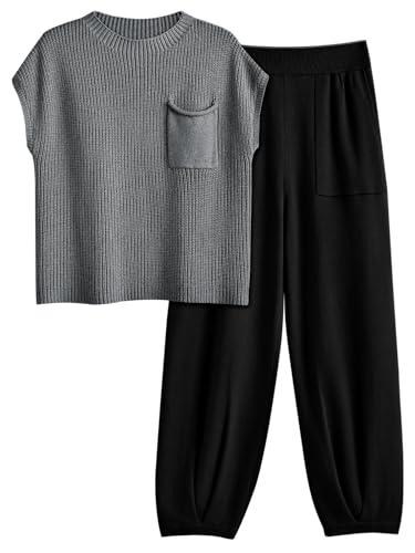 LILLUSORY - Conjunto de 2 piezas de punto para mujer, conjunto de sudadera de moda, Negro&gris, XL
