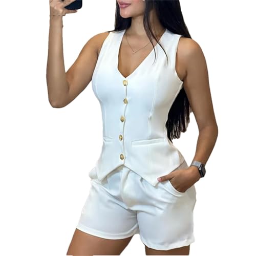 Dbdkejj Women's Summer 2 Piece Set V Neck Sleeveless Button Up Vest Shorts Suit Business Work Outfit