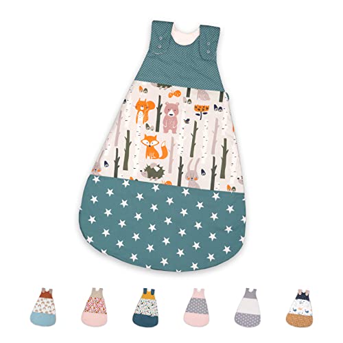 ULLENBOOM ® Schlafsack Baby Winter, 4 bis 10 Monate 68/74 Waldtiere Petrol (Made in EU) - Baby Schlafsack ganzjährig für Frühling, Herbst und Winter, Babyschlafsack mit 2,5 TOG Cover