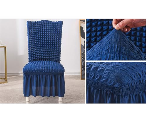 Image of House of Quirk Turkish Bubble Frill Chair Cover Stretch Removable Washable Short Dining Chair Cover Protector Seat Slipcover (Navy, Pack of 8)