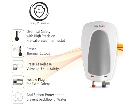 Image of Sujata Instant Water Heater | 3 Litre - 5 Years Warranty on Inner Tank & 3 Years on Overall Product | Geyser, Water Heater, 3KW, 5 Level Safety, 6 Bar Pressure, Rust & Shock Proof - IWH09