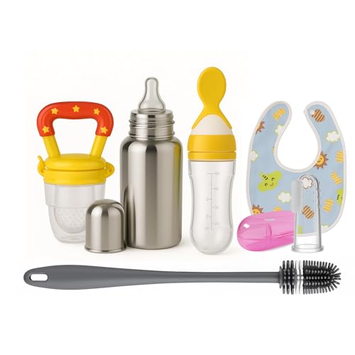 Image of Shark Doo Doo Stainless Steel Bottle for Babies (0-12 Months) - 250ml with Silicone Cleaning Brush (Combo Pack) | BPA Free (SS 6in1 Combo Orange)