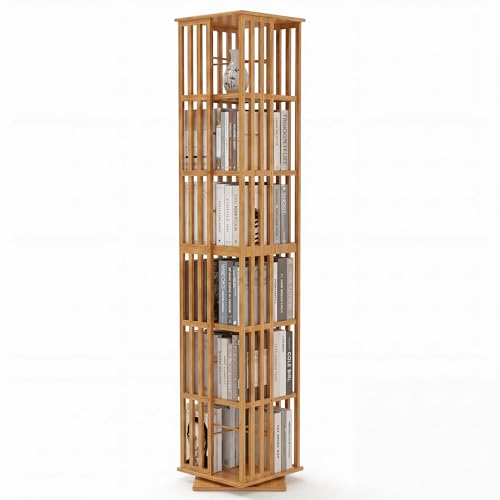 Image of Lauxery 6-Tier 360 Bamboo Rotating Bookshelf, Natural, 74.8 in | Easy Assembly, Ample Storage,1200 lbs capacity, Compact Footprint, Freestanding, dual shelf heights, for living room