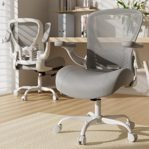 GYI Office Chair Ergonomic, Computer Desk Chair with Memory Foam Seat, Technical Mesh Back, 3D Flip-up Arms, Adjustable Lumbar Support&Height, Wheels for Home or Office, Grey&White