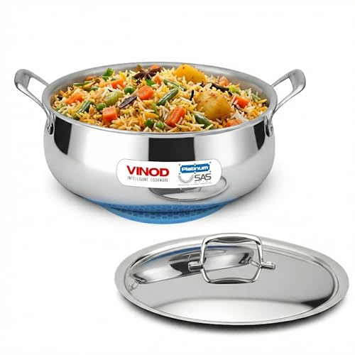 Image of Vinod Platinum Chef's Lagan Pot 28 cm - 7 Litre | Triply Stainless Steel Biryani Pot Heavy Bottom | Shallow Lagan Handi for Cooking Biryani | Healthy Triply Cookware, Induction Friendly, with Lid