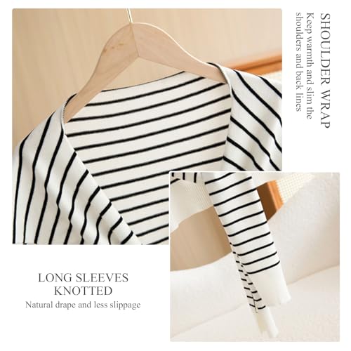 Wool Knitted Small Shawl For Women Long Sleeves Knotted Classic Stripe Pattern Decorative Shawl Wrap Cape Warm Scarf4