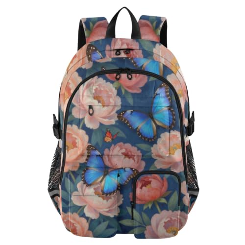 Mochilas de viaje para laptop organizadas con estampado sin costuras de peonías y mariposas