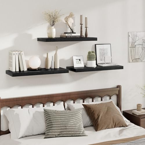 Image of Fun Memories 12 Deep Floating Shelves for Wall | 30W x 12D Large Floating Shelves | 2 Pack Storage Space Wall Mount Shelf for Living Room Bathroom Toilet Laundry Room Kitchen Home Office - Black