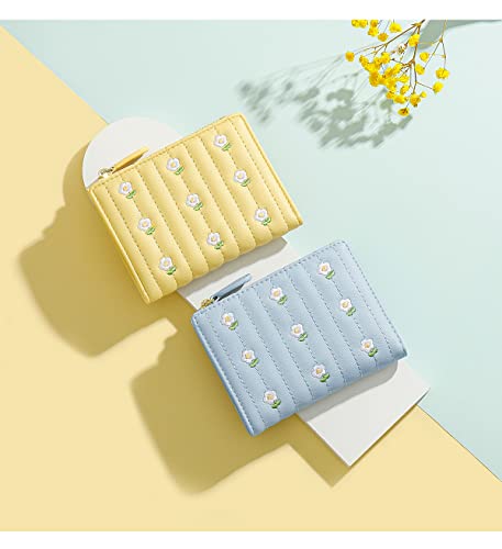 MEISEE Small Wallet for Girls Women Tri-folded Wallet Cash Pocket Card Holder Coin Purse with ID Window elegant youthful and cute- -flowers-blue3