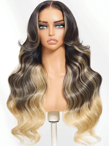 Image of Beauty Forever Bye Bye Knots Golden Blonde Highlights Glueless Human Hair Wig Face Framing Loose Body Wave 7x5 HD Lace Closure Ombre Blonde Wig 150% Density Pre Plucked Pre Cut Wear and Go Wigs 20inch