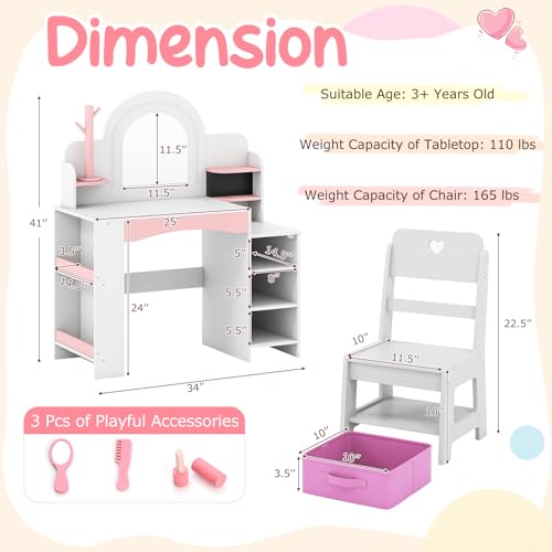 Image of Costzon Kids Vanity, Girls Vanity Set with Lighted Mirror, Bookshelf, Jewelry Storage, Toddler Makeup Vanity Desk Dressing Table, Wooden Kids Vanity Table and Chair Set (White)