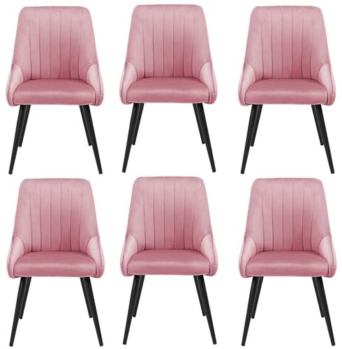 Image of Finch Fox Morris Velvet Dining Chair for Living Room, Bedroom, Home Office with Black Metal Legs in Pink Color (Set of 6)