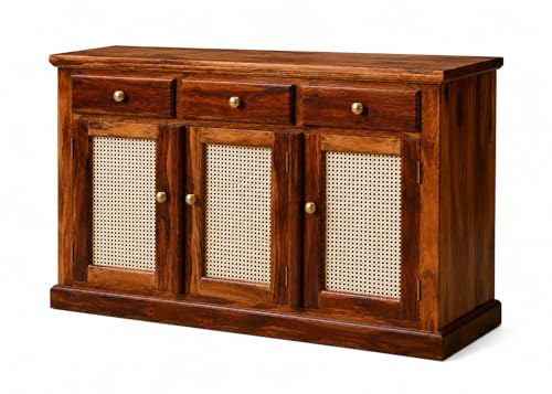 Image of Solid Sheesham Wood Sideboard Cabinet for Living Room | Storage Cabinet with 3 Doors & 4 Drawers | Wooden Buffet Cabinet | Cane Cabinet | Console Cabinet | Home Furniture Dark Honey Finish