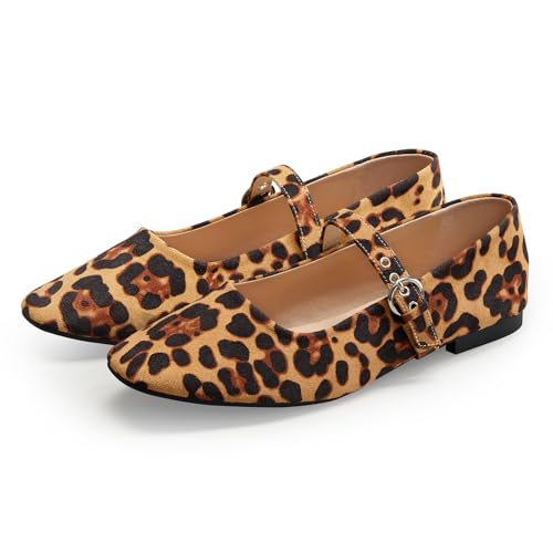 Image of Leopard Flats for Women Mesh Ballet Flats Mary Jane Animal Print Shoes Slip On Casual Breathable Ballerina Flats
