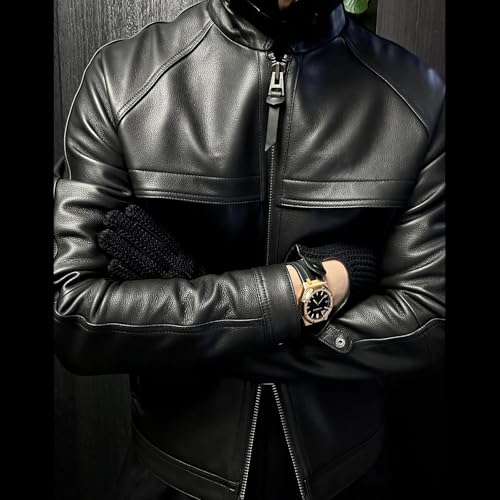 Men's Genuine Leather Jacket Classic Motorcycle Jacket Two Ways to Wear Stand-Up Collar or Folded Down Style3
