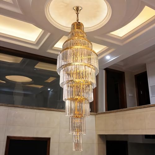 Image of Harold Electricals Caverna Long Crystal Chandelier | Staircase Chandelier Light Fixture for High Ceiling Hallway, Living Room, Hotel & Entryways - 2ft(Dia) X7ft (Height) Gold Plate