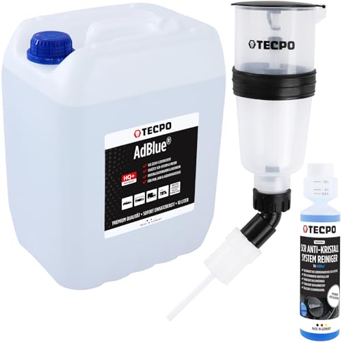 TECPO AdBlue - Set de 10 litros de urea lista para usar, incluye vertedor, concentrado anticristal AdBlue de 250 ml, aditivo SCR y embudo especial para urea para llenado sin goteo