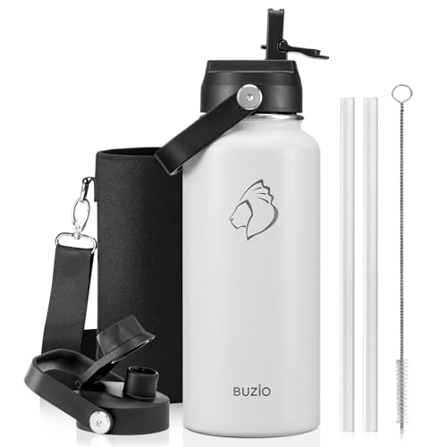 BUZIO 32 oz Water Bottle Insulated, Leakproof Stainless Steel Flask (Cold for 48 Hrs), Wide Mouth BPA-Free Metal Thermo Hydro Canteen with 2 Lids, White 32 Ounces White