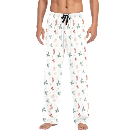 Mens Cotton Pajama Pants Sleep Lounge Pj Bottoms Sleepwear with Pockets Drawstring S Socks Gift Box Leaves2