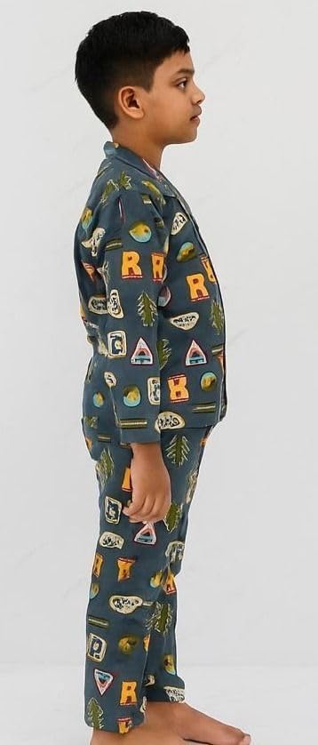 Image of TONY & JONY Summer Casual Wear Self Design Cartoons Printed Full Sleeve 100% Pure Cotton Kid's Top Bottom Set /Night Suit