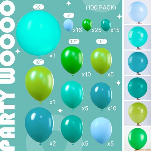 Image of PartyWoo Green Balloon Garland, 100 pcs Shades of Green Balloons Different Sizes Pack of 36 Inch 18 Inch 12 Inch 10 Inch 5 Inch for Balloon Garland Arch as Party Decorations, Birthday Decorations