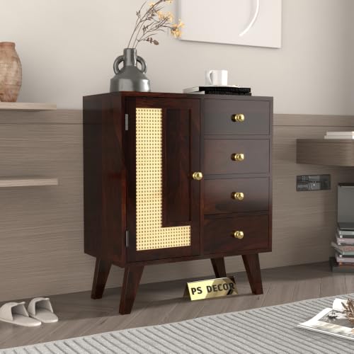 Image of Solid Sheesham Wood Chest of Drawers with Cane Panel | Wooden Storage Cabinet with 4 Drawers & 1 Door