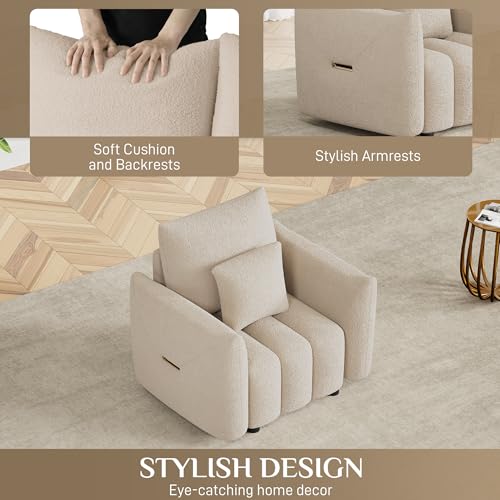 Image of OUYESSIR 38 inch Modern Accent Single Sofa Chair, Comfy Deep Seat Teddy Living Room Chair, Leisure Boucle Reading Sofa Arm Chair for Bedroom, Office, Apartment, Light Brown