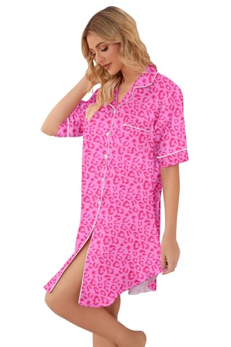 Image of Schbbbta Girls & Women Silk Nightgown, Short Sleeve Button Down Satin Nightshirt Pajama House Dress, 3 Years- Women 2XL