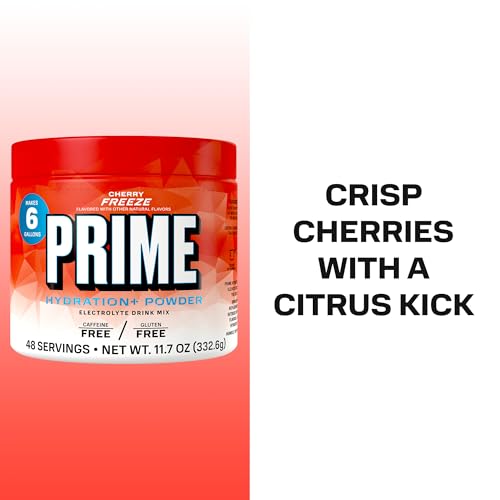 Image of PRIME Hydration+ Electrolyte Powder, Cherry Freeze, Sugar Free Hydration Drink Mix with Potassium, Magnesium & B Vitamins to Replenish Fluids, Caffeine Free, 6 Gallon Tub, 48 Srv