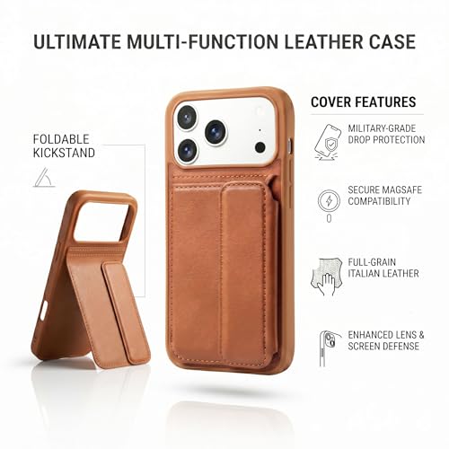 Image of amazon basics Luxury Vegan Leather Back Cover for iPhone 17 Pro Max | Built-in Card Holder Slot | Integrated Mobile Stand | Slim Shockproof Protective Case with Stitched Finish - Tan