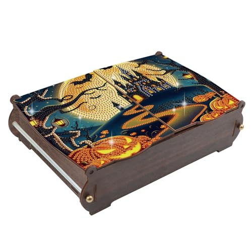 Image of MVVMTOP Diamond Painting Kit Wooden Storage Box, Hallowmas DIY Pumpkins and Castle Special Shaped Diamond Art Flip Cover Wooden Money Box, Handmade Art Desktop Decorations Birthday Gifts for Friends
