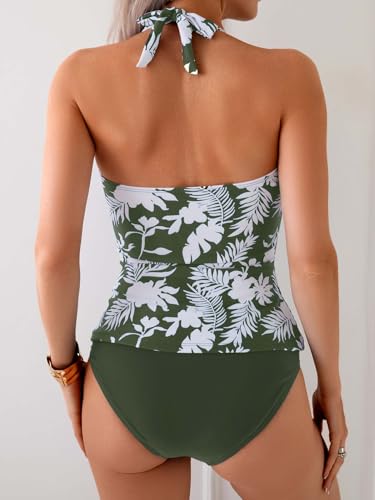 Image of Eomenie Womens Halter Tankini Bathing Suit Ruched Tummy Control Two Piece Swimsuit with Bottom
