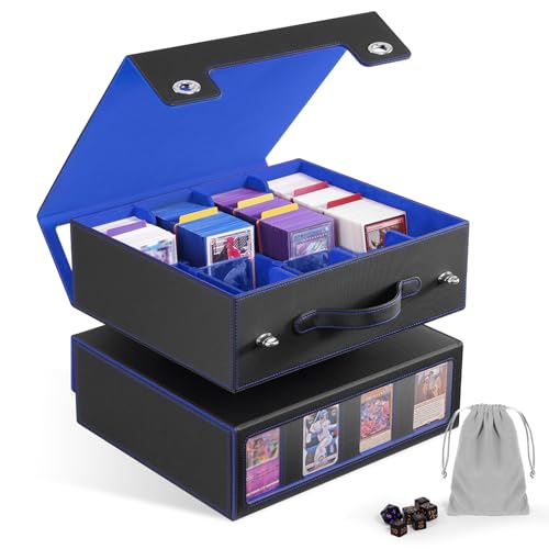 Image of ZLCA MTG Storage Box 4-Row with Handle, MTG Deck Box Holds 3000+ Trading Cards with Portable Handle Dice Tray, Commander Storage Card Case for Top Loaders TCG PTCG Sport Card(Black&Blue)