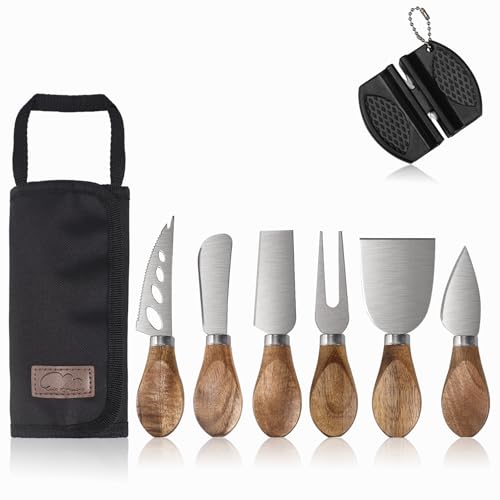 Esie Houzie Charcuterie Board Accessories - 6 Piece Cheese Knife Set Butter Knife Stainless Steel with Acacia Wooden Handle for Cheese Serving Cutting Cheese Tools with Storage Bag (with Sharpene)