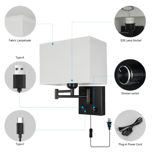Image of Plug in Wall Lamp for Living Room Bedroom Bedside, Bulb Included | Wall Sconce with USB C+A Charging Ports, Adjustable Swing Arm 270, Adjustable Color Temperature, White Square Lampshade