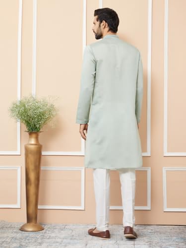 Image of See Designs Men's Long Sleeve Mandarin Collar Side Slit Off-White Embroidered Chanderi Silk Straight Kurta