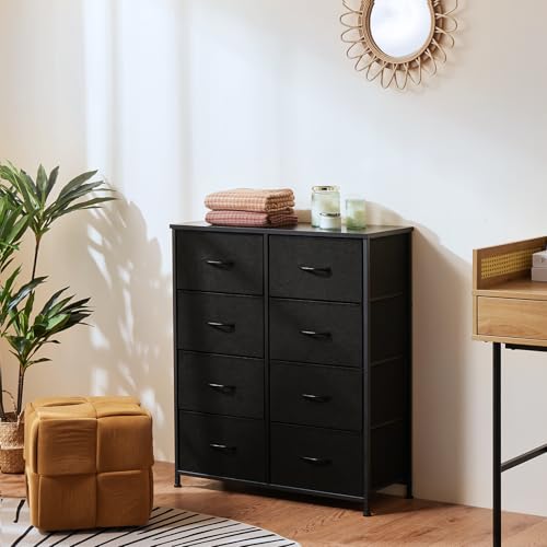 Image of OLIXIS 8 Drawer Dresser for Bedroom, Wide Fabric Storage Tower with Wooden Top and Metal Frame, Closet Chest Organizer Furniture, Living Room Hallway, Black