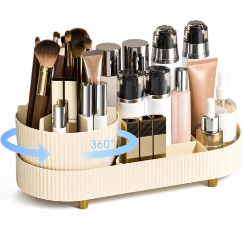 Rotating Makeup Organizer for Vanity with Brush Holder, Cosmetic Makeup Storage,Lotions Display Cases,Large Spinning Makeup Skincare Organizer, Countertop Makeup Perfume Organizer(15x6.3'')
